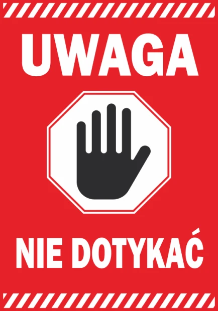 Naklejka Uwaga, nie dotykać - Wzór graficzny. Czerwone tło z białym napisem i symbolem dłoni