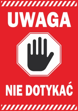 Naklejka Uwaga, nie dotykać - Wzór graficzny. Czerwone tło z białym napisem i symbolem dłoni