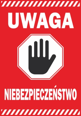 Naklejka Uwaga, niebezpieczeństwo - Wzór graficzny. Czerwone tło z białym napisem i symbolem czarnej dłoni
