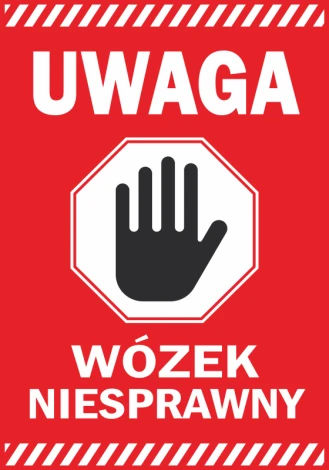Naklejka Uwaga, wózek niesprawny - Wzór graficzny. Czerwone tło z białym napisem i czarną ręką w ośmiokącie
