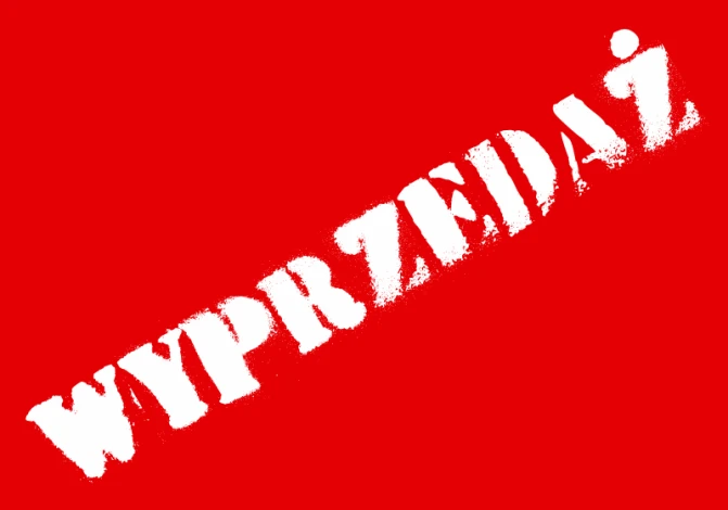 Naklejka Wyprzedaż - Wzór graficzny. Biała, dużymi literami napis WYPRZEDAŻ na czerwonym tle