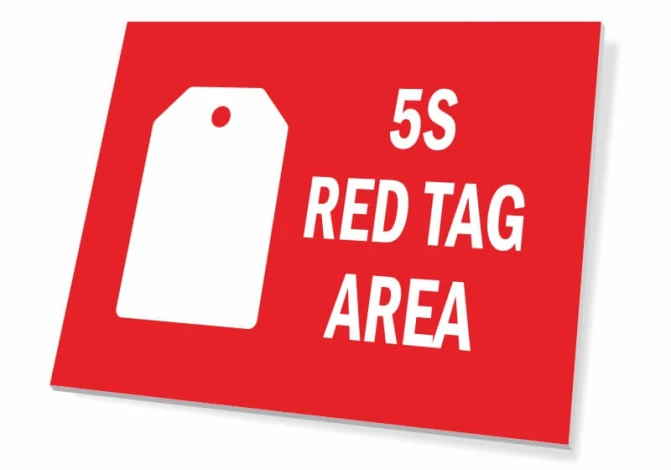 Tabliczka 5S Red tag area T095 - Wzór graficzny. Czerwone tło z białą etykietą i napisem 5S RED TAG AREA