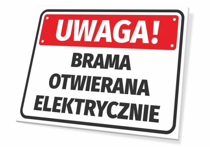 Tabliczka Brama otwierana elektrycznie - Wzór graficzny. Prostokątna tabliczka z czerwonym tłem i białymi literami