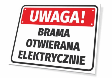Tabliczka Brama otwierana elektrycznie - Wzór graficzny. Prostokątna tabliczka z czerwonym tłem i białymi literami