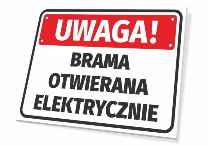 Tabliczka Brama otwierana elektrycznie - Wzór graficzny. Prostokątna tabliczka z czerwonym tłem i białymi literami