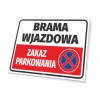 Tabliczka Brama wjazdowa, zakaz parkowania - Wzór graficzny. Prostokątna tabliczka z białym tłem, czarnym napisem