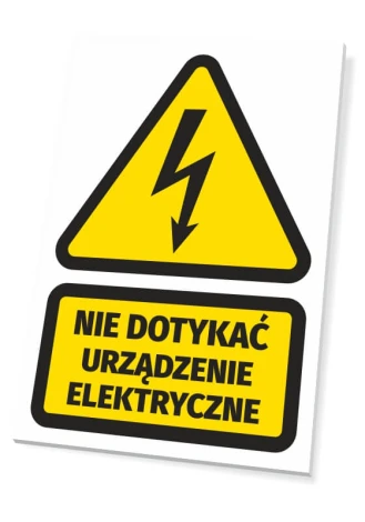 Tabliczka Nie dotykać, urządzenie elektryczne - Wzór graficzny. Trójkąt z błyskawicą na żółtym tle, tekst w czarnym