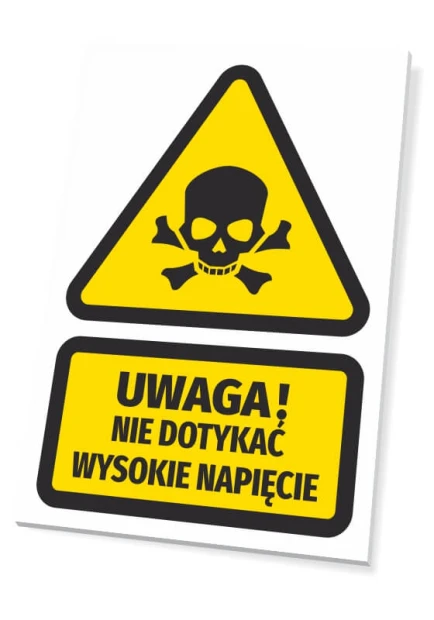 Tabliczka Nie dotykać, wysokie napięcie - Wzór graficzny. Żółty trójkąt z czaszką i kośćmi, czarny napis na prostokącie