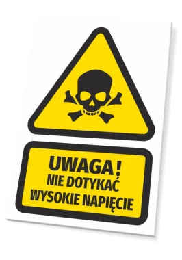 Tabliczka Nie dotykać, wysokie napięcie - Wzór graficzny. Żółty trójkąt z czaszką i kośćmi, czarny napis na prostokącie