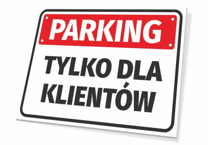 Tabliczka Parking tylko dla klientów - Wzór graficzny. Prostokątna tabliczka z czerwonym tłem i białymi literami