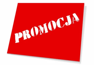 Tabliczka Promocja - Wzór graficzny. Czerwone tło z białym napisem PROMOCJA w dużych, wyraźnych literach