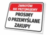 Tabliczka Prosimy o przemyślane zakupy - Wzór graficzny. Czerwony prostokąt z białym napisem na czarnym tle