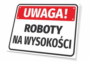Tabliczka Uwaga roboty na wysokości T102 - Wzór graficzny. Prostokątna tabliczka z czerwonym tłem i białym napisem