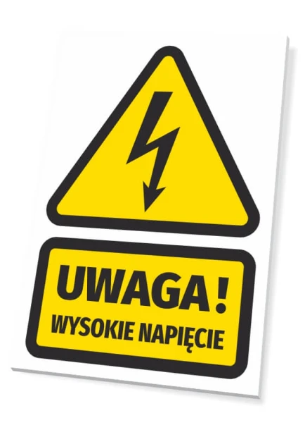 Tabliczka Uwaga, wysokie napięcie - Wzór graficzny. Trójkąt z błyskawicą w środku, żółte tło z czarną ramką
