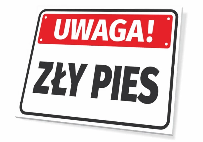 Tabliczka Uwaga, zły pies - Wzór graficzny. Prostokątna tabliczka z czerwonym tłem i białym napisem