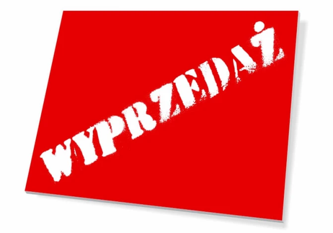 Tabliczka Wyprzedaż - Wzór graficzny. Czerwone tło z białym napisem WYPRZEDAŻ w dużych, wyraźnych literach