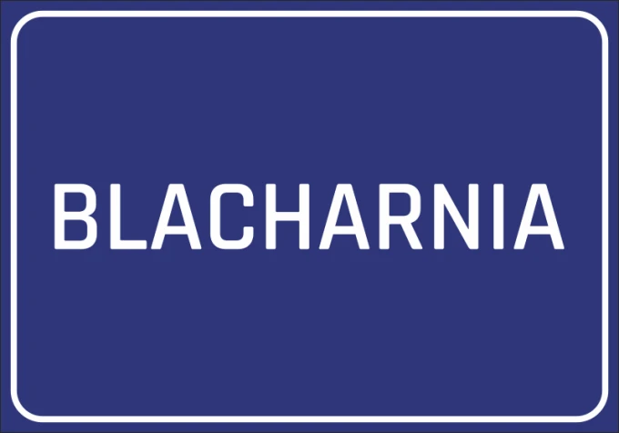 Naklejka Blacharnia - Wzór graficzny. Prosty, prostokątny kształt z dużym napisem BLACHARNIA w białym kolorze na niebieskim