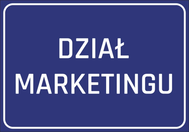 Naklejka Dział marketingu - Wzór graficzny. Prostokątna naklejka z białym tekstem na niebieskim tle