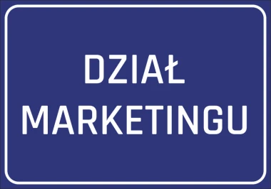 Naklejka Dział marketingu - Wzór graficzny. Prostokątna naklejka z białym tekstem na niebieskim tle