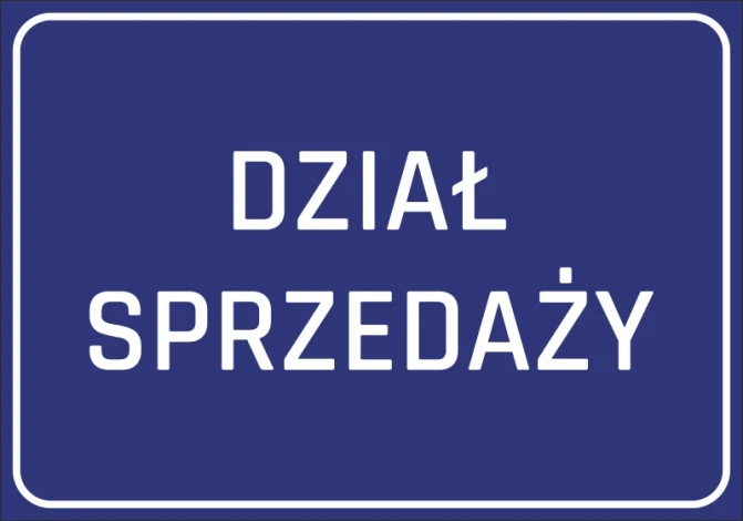 Naklejka Dział Sprzedaży - Wzór graficzny. Prostokątna naklejka z białym napisem na ciemnoniebieskim tle