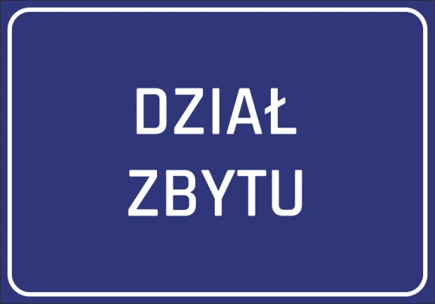 Niebieska naklejka informacyjna na drzwi lub ścianę z białym napisem Dział zbytu w ramce
