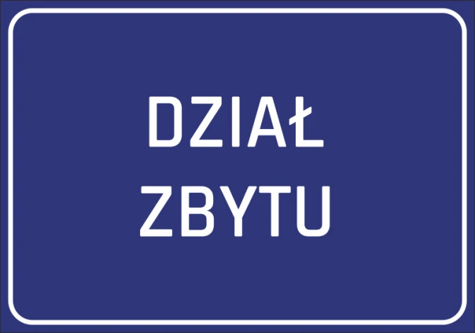Naklejka Dział zbytu - Wzór graficzny. Prosty, prostokątny kształt z dużym, białym napisem na ciemnoniebieskim tle