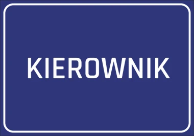 Naklejka Kierownik - Wzór graficzny. Prosty, prostokątny kształt z białym napisem na ciemnoniebieskim tle