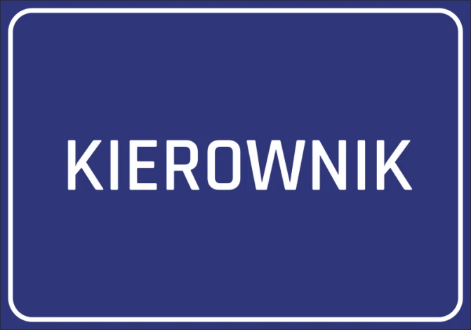 Naklejka Kierownik - Wzór graficzny. Prosty, prostokątny kształt z białym napisem na ciemnoniebieskim tle