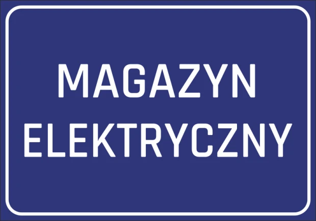 Niebieska naklejka informacyjna BHP na drzwi z białym napisem Magazyn elektryczny, pokazana na białym tle