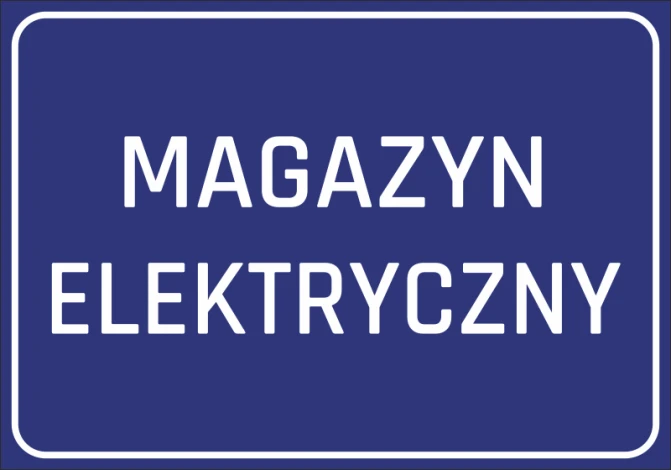 Naklejka Magazyn elektryczny - Wzór graficzny. Prosty, prostokątny kształt z białym napisem na niebieskim tle