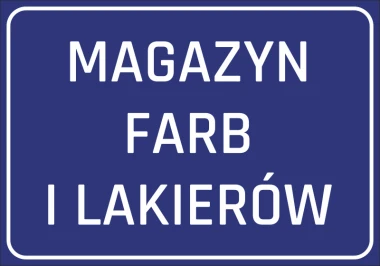 Naklejka Magazyn farb i lakierów - Wzór graficzny. Niebieskie tło z białym napisem w dużych literach