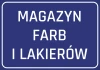 Naklejka Magazyn farb i lakierów - Wzór graficzny. Niebieskie tło z białym napisem w dużych literach