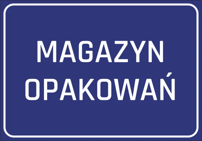 Naklejka Magazyn opakowań - Wzór graficzny. Niebieskie tło z białym napisem MAGAZYN OPAKOWAŃ