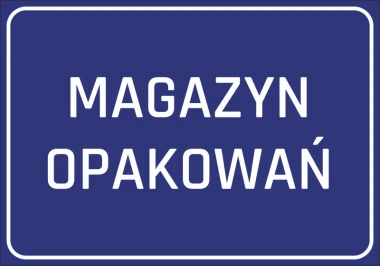 Naklejka Magazyn opakowań - Wzór graficzny. Niebieskie tło z białym napisem MAGAZYN OPAKOWAŃ
