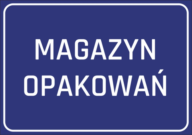 Naklejka Magazyn opakowań - Wzór graficzny. Niebieskie tło z białym napisem MAGAZYN OPAKOWAŃ