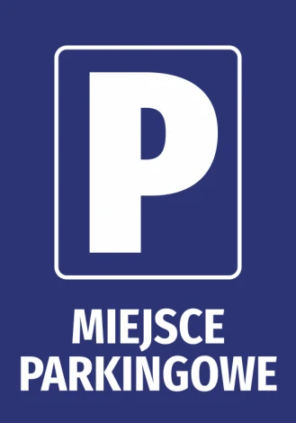 Naklejka Miejsce parkingowe - Wzór graficzny. Na niebieskim tle biała litera P oraz napis MIEJSCE PARKINGOWE