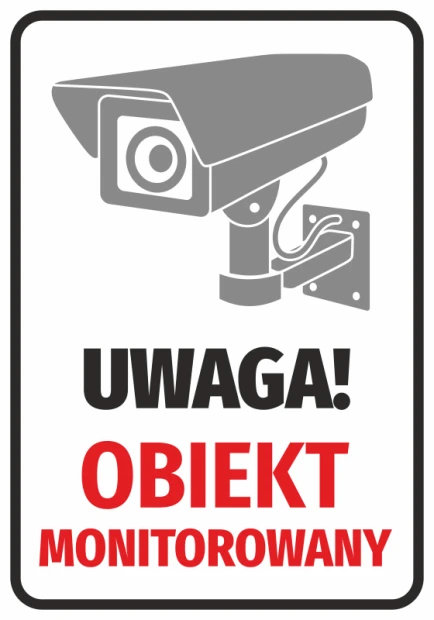 Naklejka Obiekt monitorowany - Wzór graficzny. Kamera wideo na szarym tle z dużym napisem Uwaga! w czerwonym kolorze