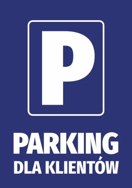 Naklejka Parking dla klientów - Wzór graficzny. Duża litera P na niebieskim tle, napis PARKING DLA KLIENTÓW poniżej