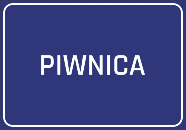 Naklejka Piwnica - Wzór graficzny. Prosty, prostokątny kształt z dużym napisem PIWNICA na ciemnoniebieskim tle