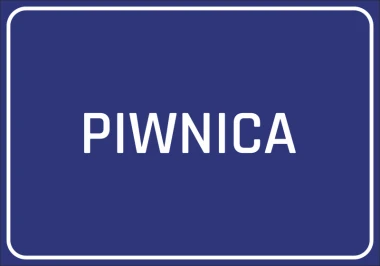 Naklejka Piwnica - Wzór graficzny. Prosty, prostokątny kształt z dużym napisem PIWNICA na ciemnoniebieskim tle