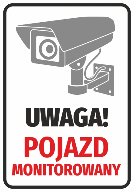 Naklejka z szarym piktogramem kamery oraz czarno-czerwonym napisem Uwaga Pojazd monitorowany na białym tle