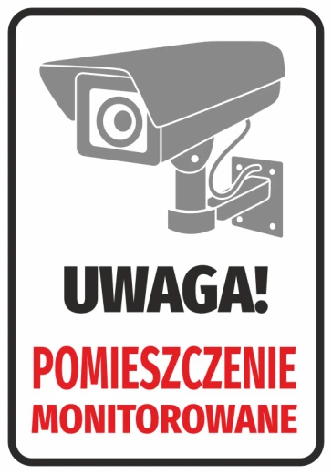 Naklejka BHP na białym tle z szarym piktogramem kamery oraz napisem Uwaga Pomieszczenie monitorowane