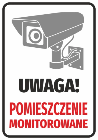 Naklejka Pomieszczenie monitorowane - Wzór graficzny. Kamera monitorująca na szarym tle z czerwonym napisem
