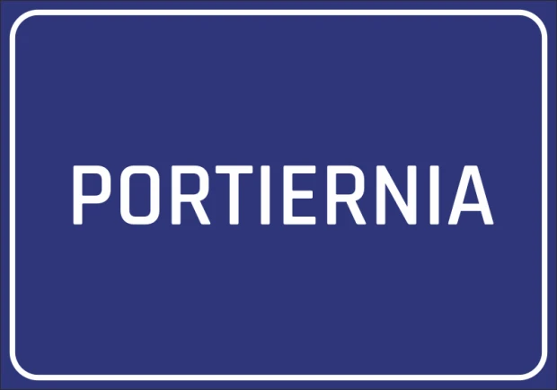 Naklejka Portiernia - Wzór graficzny. Prosty prostokąt z granatowym tłem i białym napisem PORTIERNIA
