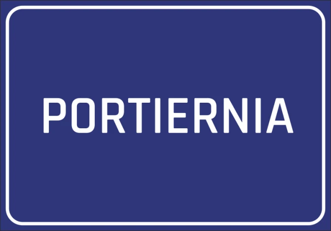 Naklejka Portiernia - Wzór graficzny. Prosty prostokąt z granatowym tłem i białym napisem PORTIERNIA