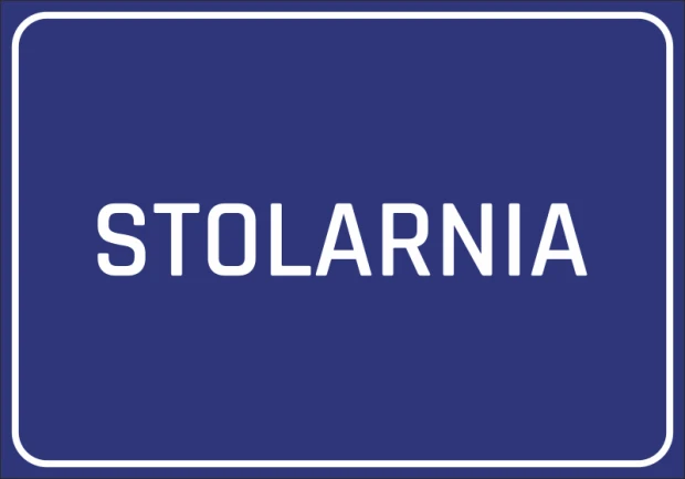 Naklejka Stolarnia - Wzór graficzny. Niebieskie tło z białym napisem STOLARNIA w dużych literach