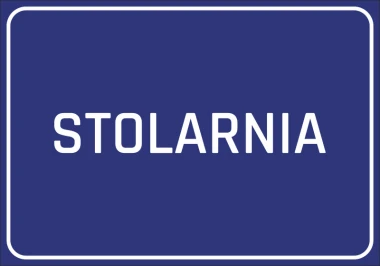 Naklejka Stolarnia - Wzór graficzny. Niebieskie tło z białym napisem STOLARNIA w dużych literach