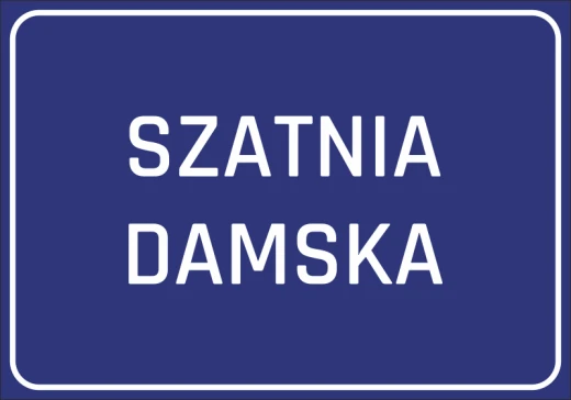 Niebieska naklejka informacyjna na drzwi z białym napisem SZATNIA DAMSKA i ramką, przedstawiona na białym tle