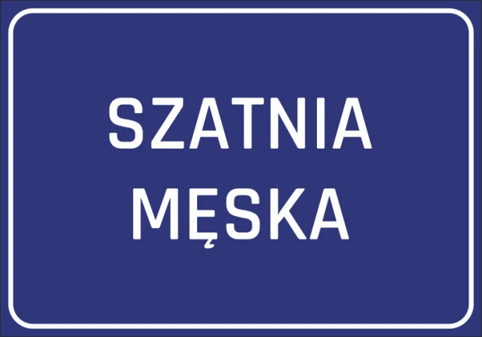 Naklejka Szatnia męska - Wzór graficzny. Prosty, prostokątny kształt z białym napisem na niebieskim tle