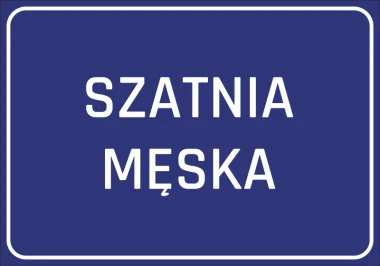 Naklejka Szatnia męska - Wzór graficzny. Prosty, prostokątny kształt z białym napisem na niebieskim tle